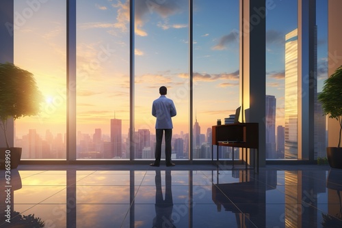 Businessman using mobile phone to talk business in office. View from the outside 3D rendering commercial skyscraper. generative ai © akimtan