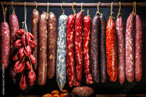 A bunch of different types of sausage hanging on a line. Dried and smoked sausage of various varieties. Wide range of meat products. Sausages made from pork, beef, lamb.