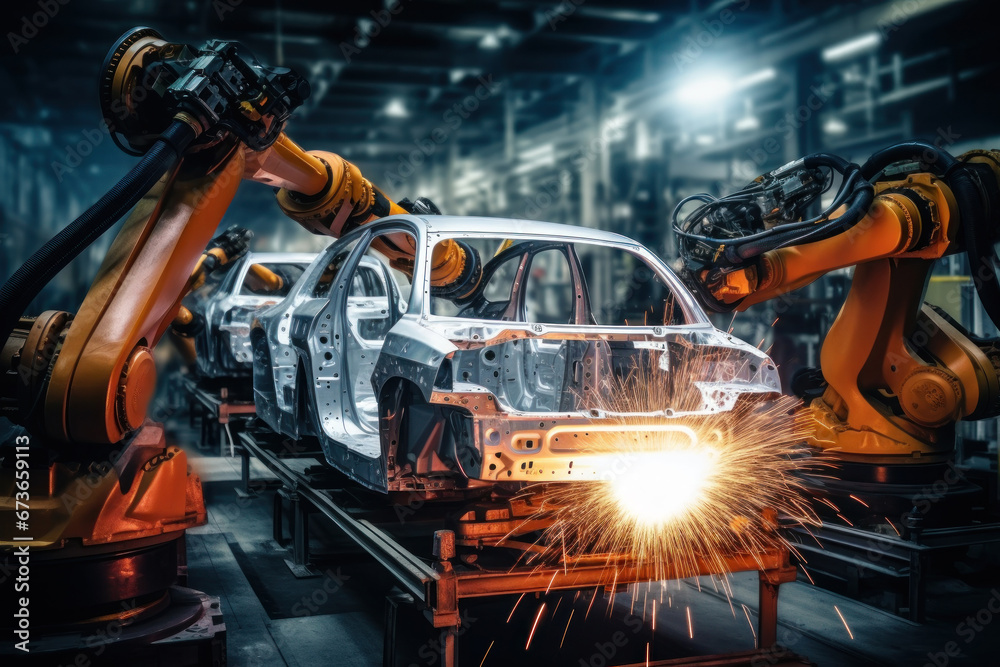 Assembly line for the production of modern cars. Robots weld a car body on a conveyor belt. Automated assembly. Modern technologies. Assembly line for the production of modern cars. Robots weld a car body on a conveyor belt. Automated assembly. Modern technologies.