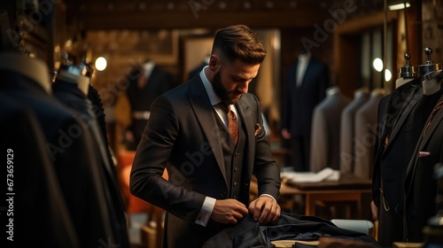 Scene in a men's suit tailor, formal suit shop. A gentlemen wearing a size measurement jig suit. Well dressed gentleman, of a tailored suit shop