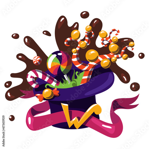 Purple hat with candy. The world of Willy Wonka hat with fictional sweets. The chocolate factory. Willy Wonka chocolate. A hat with sweets, a ribbon and the letter W on a white. Production of sweets