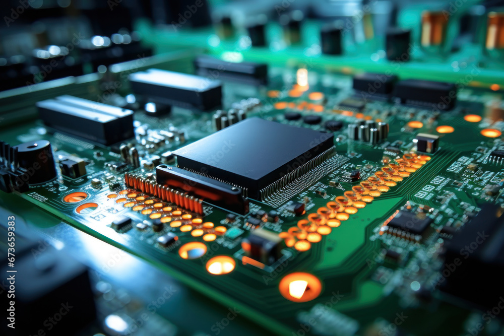 Motherboard of a computer or other electronic equipment. Close-up. Powerful multi-core processor. Motherboard of a computer or other electronic equipment. Close-up. Powerful multi-core processor.