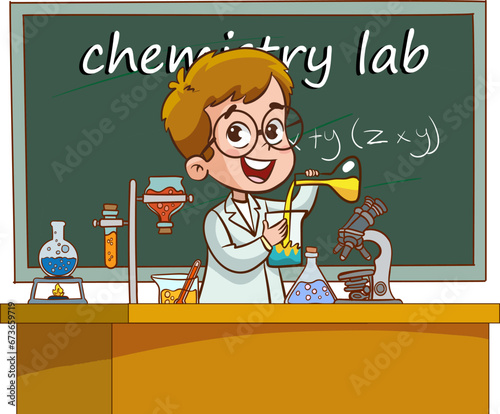 Vector illustration of a chemistry lesson with a cute students in a lab.