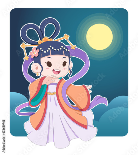 Mid-Autumn festival, cute style Chinese goddess with moon background cartoon illustration 
