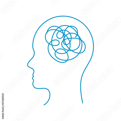 Vector human head silhouette with brain as tangled messy line. Chaos in the head.
