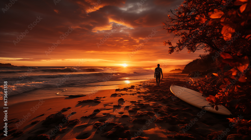 Landscape photo with sunset scene at beautiful tropical beach with silhouette one surfer walking along coast sand beach.