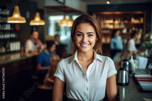 Smiling, young and attractive saleswoman, cashier serving customers