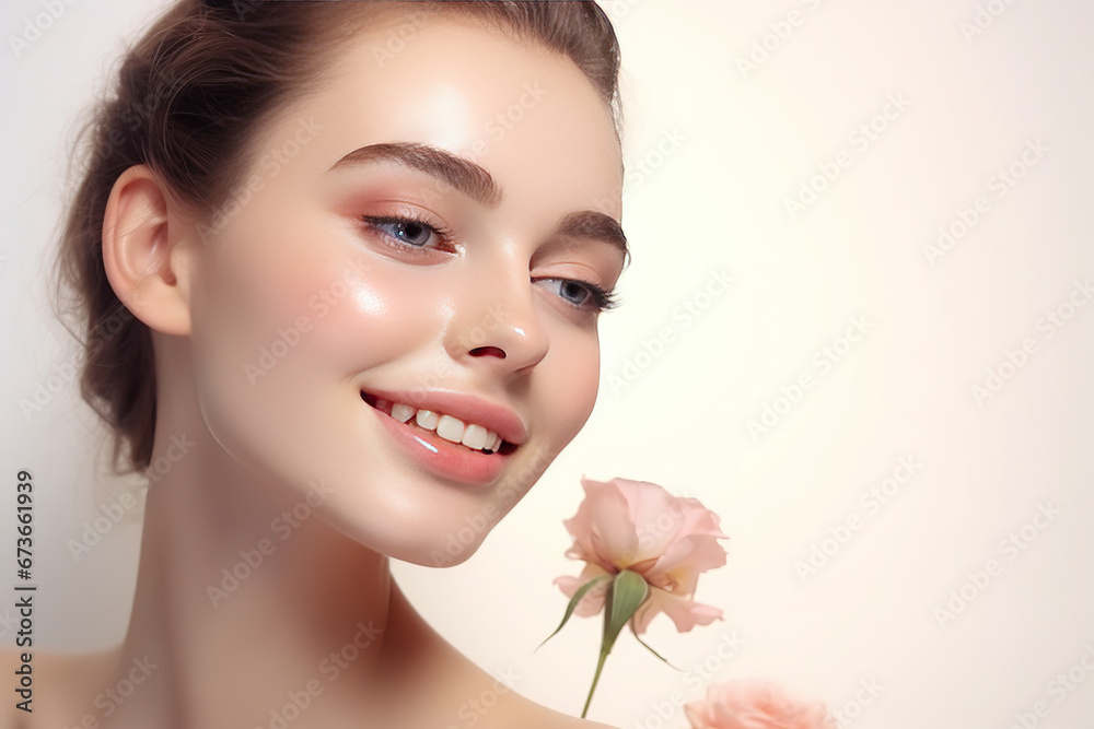 Skin care. Woman with beauty face touching healthy facial skin portrait. Beautiful smiling girl model with natural makeup touching glowing hydrated skin on light background closeup. Skin care. Woman with beauty face touching healthy facial skin portrait. Beautiful smiling girl model with natural makeup touching glowing hydrated skin on light background closeup.