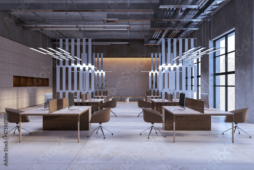Modern dark coworking office interior with suspended partitions. 3D Rendering.