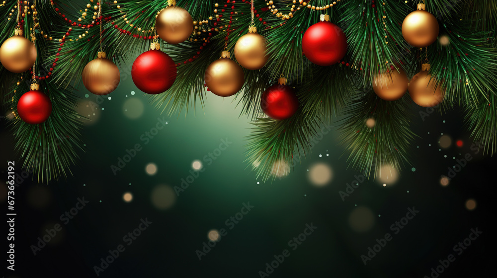 Christmas background with red and golden balls and fir branches, copy space. AI