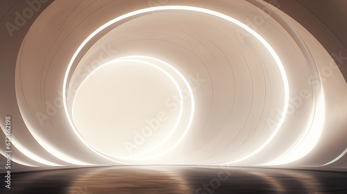 Colorful abstract background with arc of neon light inside a brown tunnel. on the black rough floor, 3D illustration.