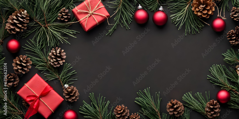 Christmas mock up with gift, pine branches and cones on black background. copy space for your text. Christmas mock up with gift, pine branches and cones on black background. copy space for your text.