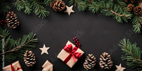 Christmas mock up with gift, pine branches and cones on black background. copy space for your text.
