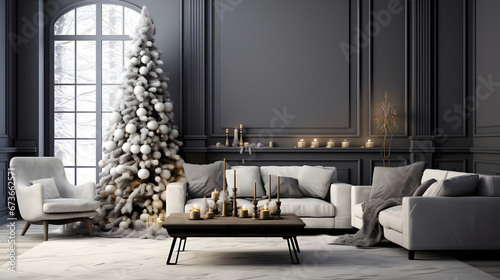 Loft style apartment, large spacious living room with Christmas tree. Comfortable sofa, high large windows. © Alex Bur