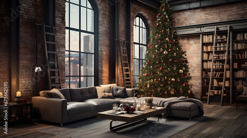 Loft style apartment, large spacious living room with Christmas tree. Comfortable sofa, high large windows.