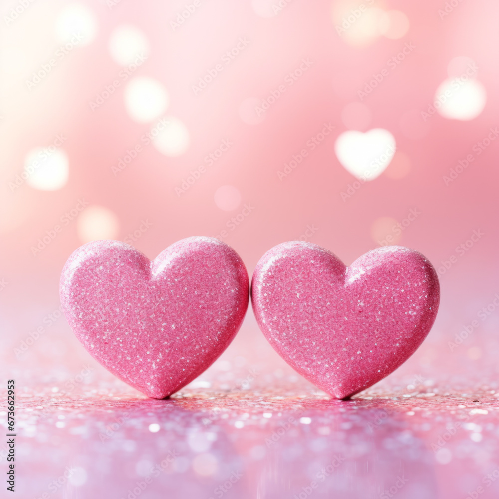 Two Hearts On Pink Glitter In Shiny Background