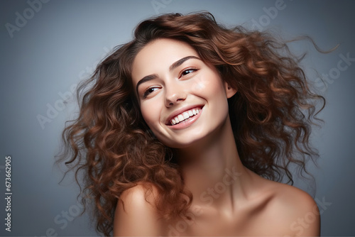 Portrait of woman, skincare and beauty cosmetics for shine, wellness or healthy glow on studio background. Happy model with curly beautiful hair smiling on gray background.