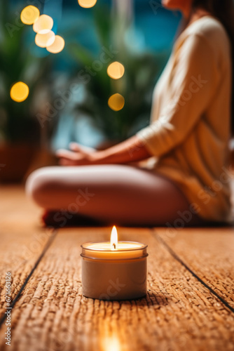 Woman sitting on the floor and meditating. Selective focus on the candle