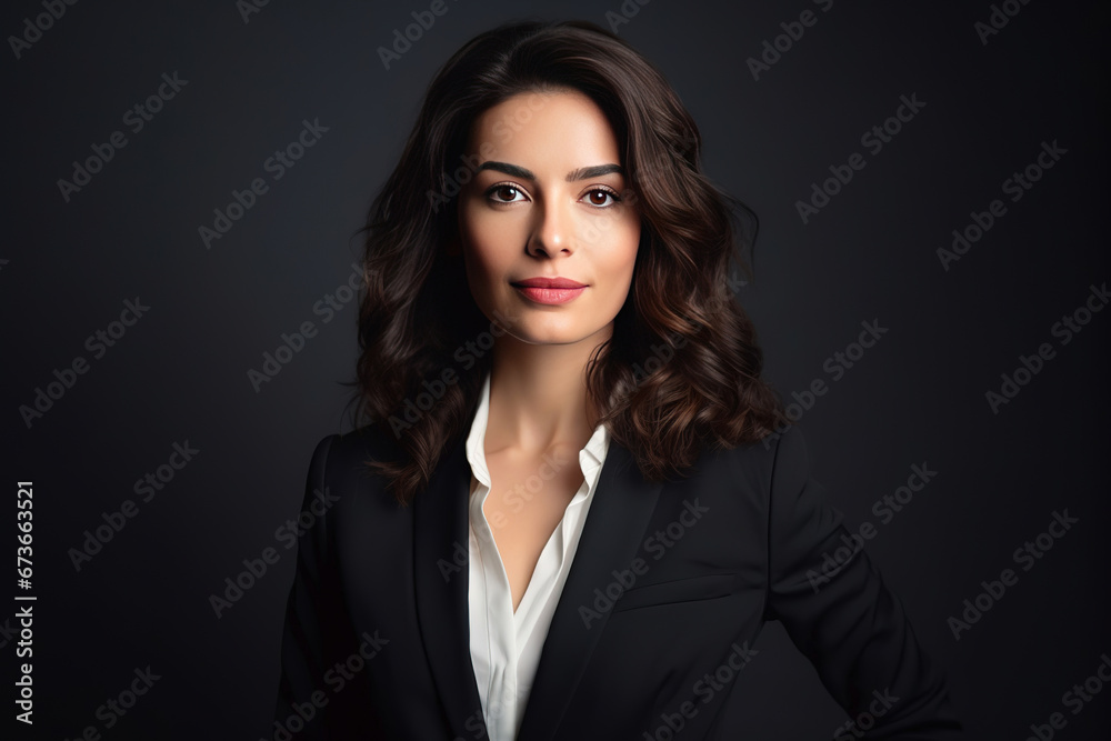 Portrait of happy woman looks in camera. Beautiful business woman professional in a suit at isolated background Portrait of happy woman looks in camera. Beautiful business woman professional in a suit at isolated background