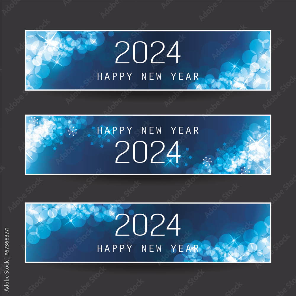 Set of Sparkling Shimmering Ice Cold Dark Blue Horizontal Christmas, Happy New Year Headers or Banners for Web, Vector Design Template - 2024