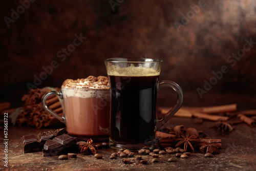 Black coffee and hot chocolate with whipped cream.