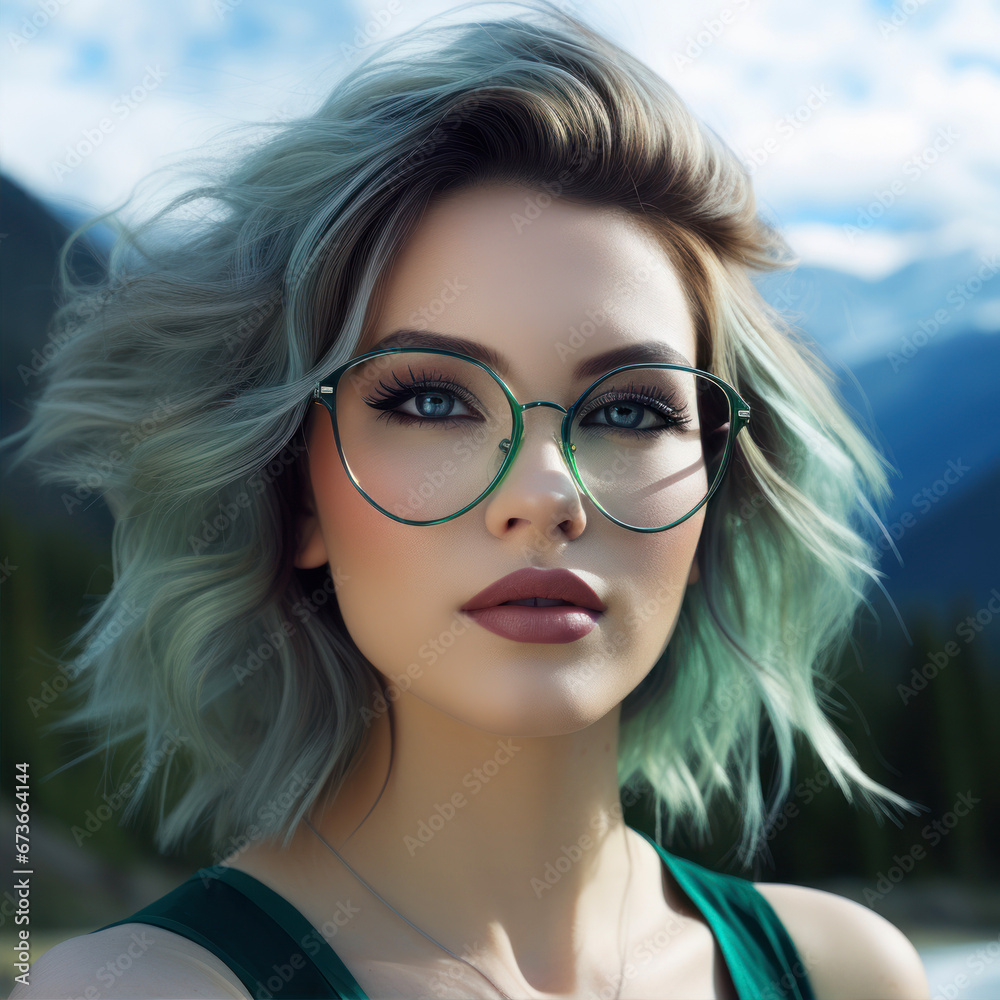 Portrait of a beautiful young woman with long blond hair and green glasses on the background of mountains Portrait of a beautiful young woman with long blond hair and green glasses on the background of mountains