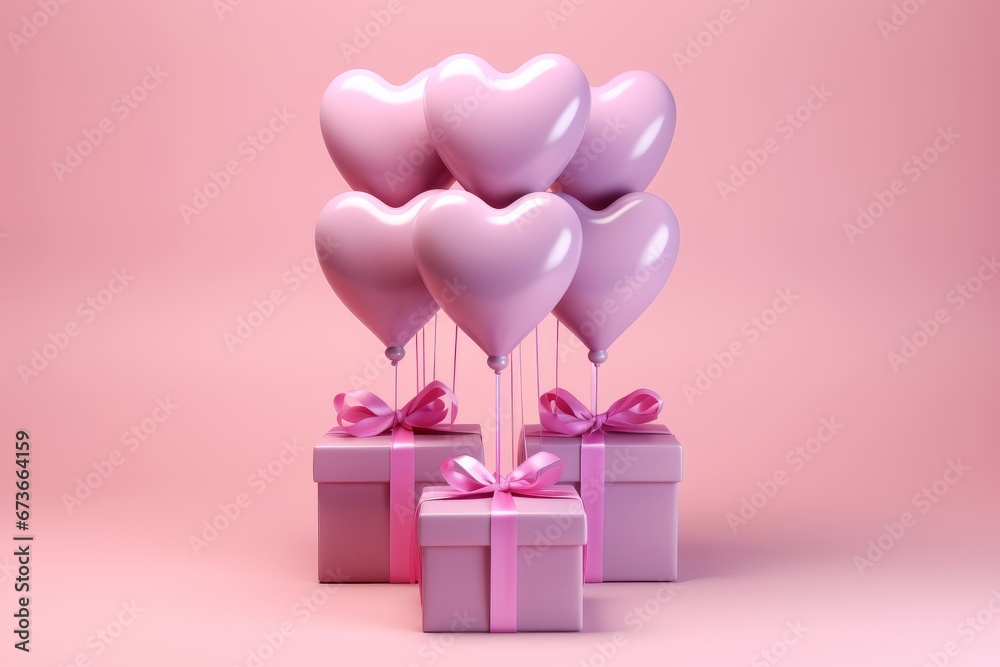 Colorful heart shaped balloons and gift boxes flying on pink background for gay parade celebration