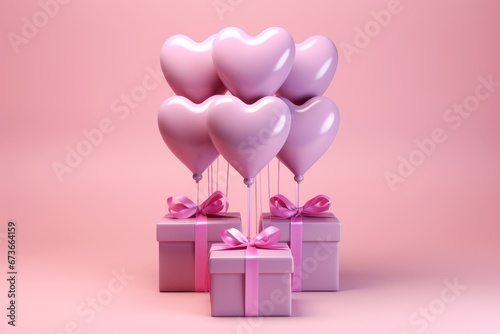 Colorful heart shaped balloons and gift boxes flying on pink background for gay parade celebration