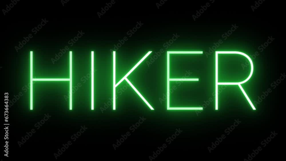 Flickering neon green glowing hiker sign animated black background Flickering neon green glowing hiker sign animated black background