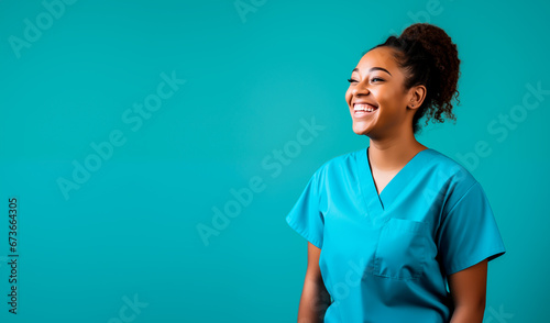 Nurse or healthcare professional looking happy and smiling. Colored woman wearing scrubs nurse uniform.  Isolated on blue or ceil background with copy space.  photo