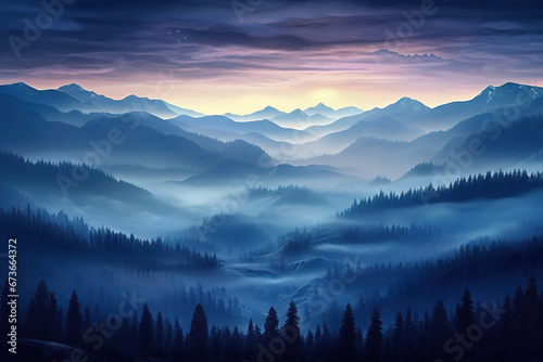 Photo realistic illustration of mountains forest fog morning mystic.