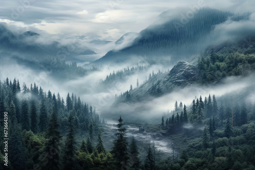 Photo realistic illustration of mountains forest fog morning mystic.