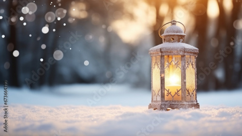 Christmas Lantern On Snow With Defocused background © Natalia Klenova