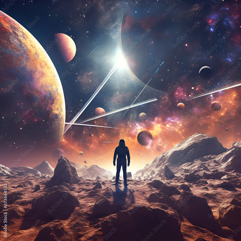 Fototapeta premium An astronaut alone explores an unfamiliar planet.