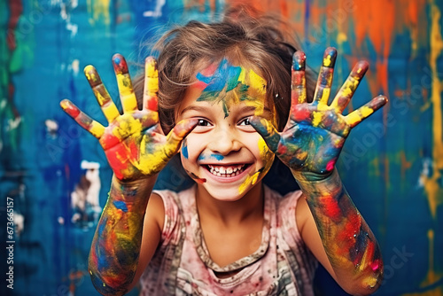 Little young girl playing with colors. Paint on hands. Creative and happy childhood concept.
