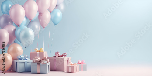 Happy Birthday! Text Space at a Birthday Celebration Event. Pastel Background. Colorful Balloons. © Teerasak