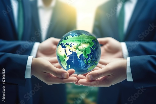 Businessmen holding world to Organization Sustainable development environmental. Sustainable business or green company Concept. business responsible environmental, social and governance. generative ai