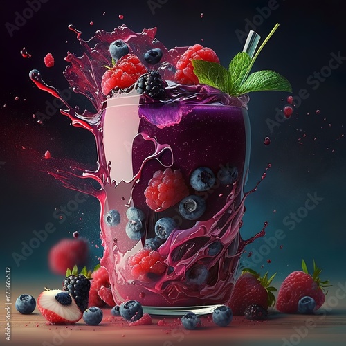 Fresh mixed berry smoothie refreshing cold drink with fruits straw splash strawberry drops healthy in a glass cup yoghurt mint leaf raspberry blueberry cold freshness Generative AI 