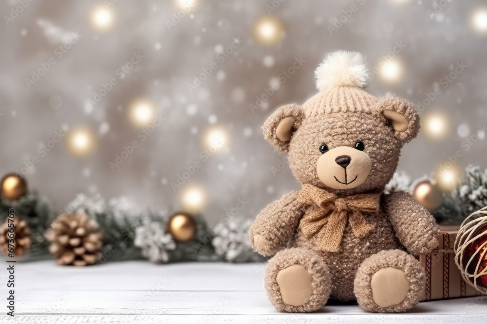 Lovely knitted toy bear cute Christmas background, copy free space. Sweet seasonal greeting card. Lovely knitted toy bear cute Christmas background, copy free space. Sweet seasonal greeting card.