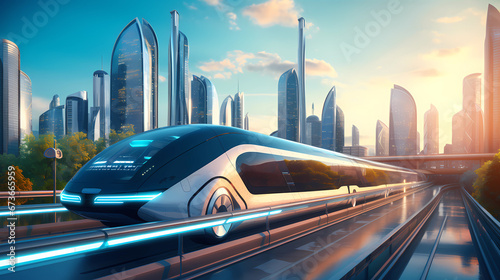 Futuristic City Advanced Transportation Realistic Illustration. Smart city and advanced transportation systems such as autonomous vehicles, hyperloops. photo