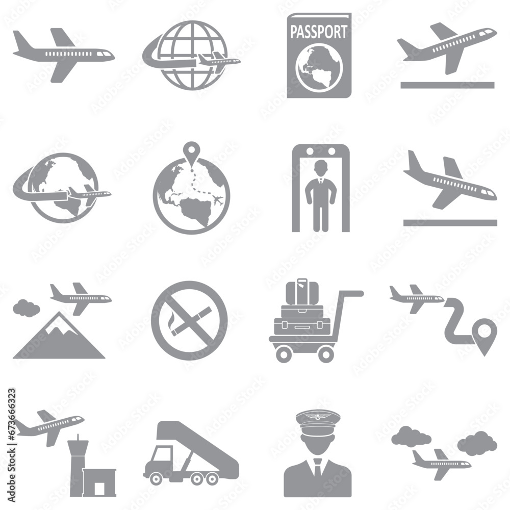 Plane Travel Icons. Gray Flat Design. Vector Illustration.