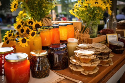 Honey and beeswax products at a vibrant farmers market. Natural bee products handcrafted with care by local beekeepers.