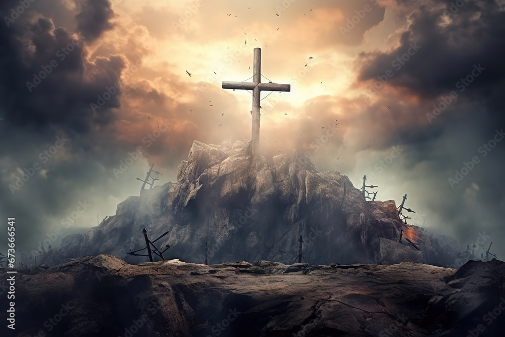 Holy cross symbolizing the death and resurrection of Jesus Christ with the sky over Golgotha Hill is shrouded in light and clouds. Apocalypse concept. - obrazy, fototapety, plakaty 