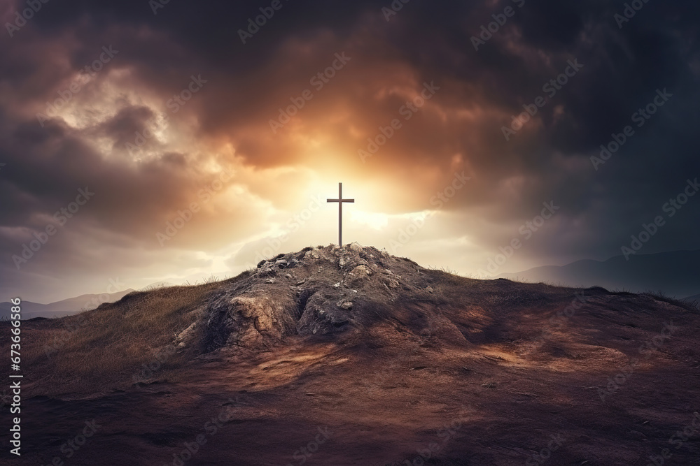 Obraz premium Holy cross symbolizing the death and resurrection of Jesus Christ with the sky over Golgotha Hill is shrouded in light and clouds. Apocalypse concept.