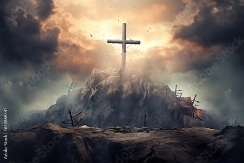 Fotografering Holy cross symbolizing the death and resurrection of Jesus Christ with the sky over Golgotha Hill is shrouded in light and clouds