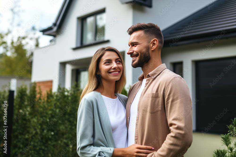 Happy young couple standing in front of new home - Husband and wife buying new house. Life style real estate concept. Happy young couple standing in front of new home - Husband and wife buying new house. Life style real estate concept.