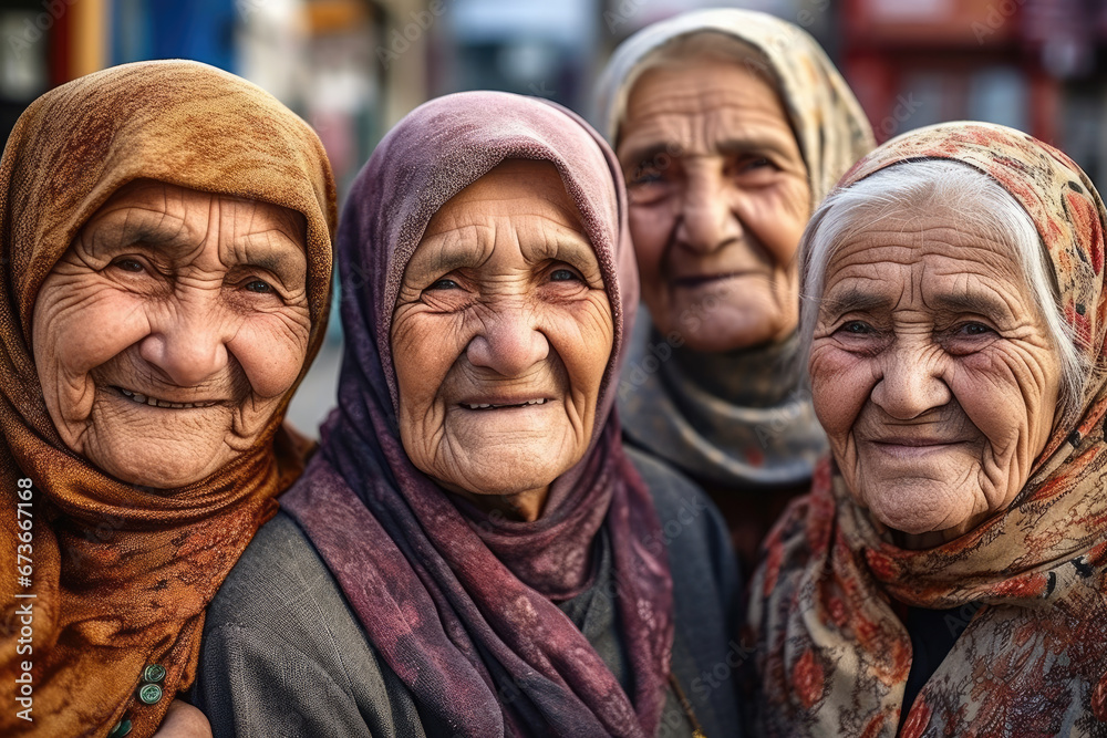 Close-up of joyful elderly ladies in colorful scarves, showcasing wrinkles and warm smiles, exuding wisdom and friendship.