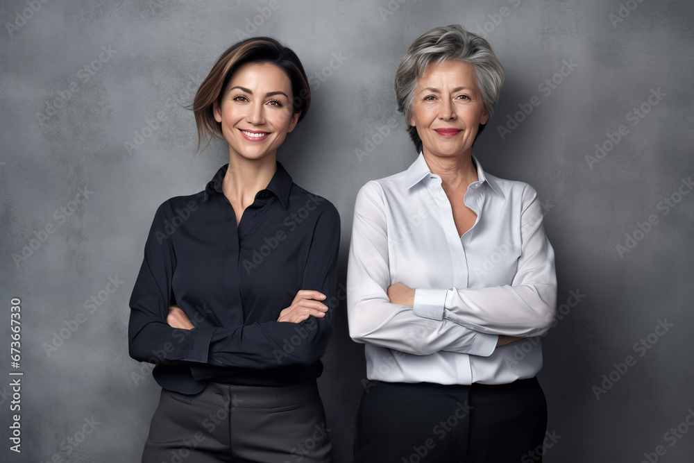 Happy mature business womans posing isolated over grey wall background. Happy mature business womans posing isolated over grey wall background.