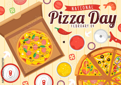 National Pizza Day Vector Illustration on February 9 with Various Toppings on Each Slice for Poster or Banner in Flat Cartoon Background Design