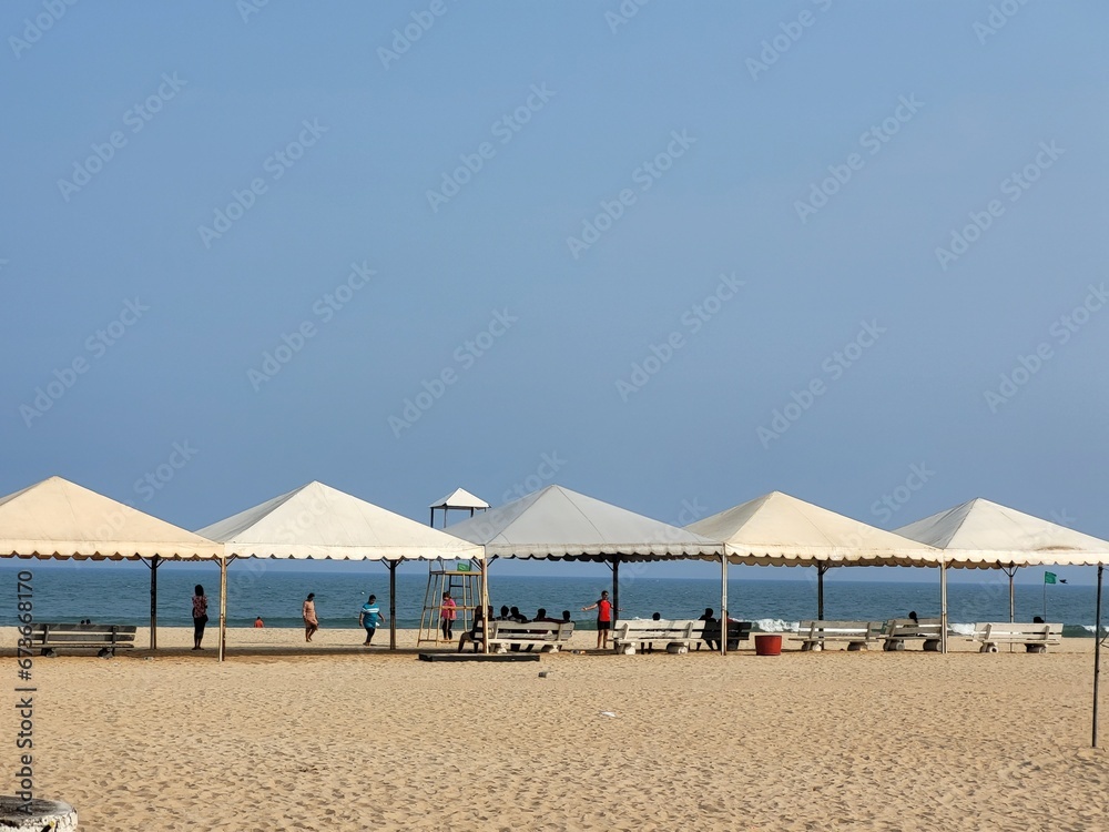 Puducherry, India - Oct 17 2023: Beautiful shacks at Sandunes Paradise Beach in Pondicherry.